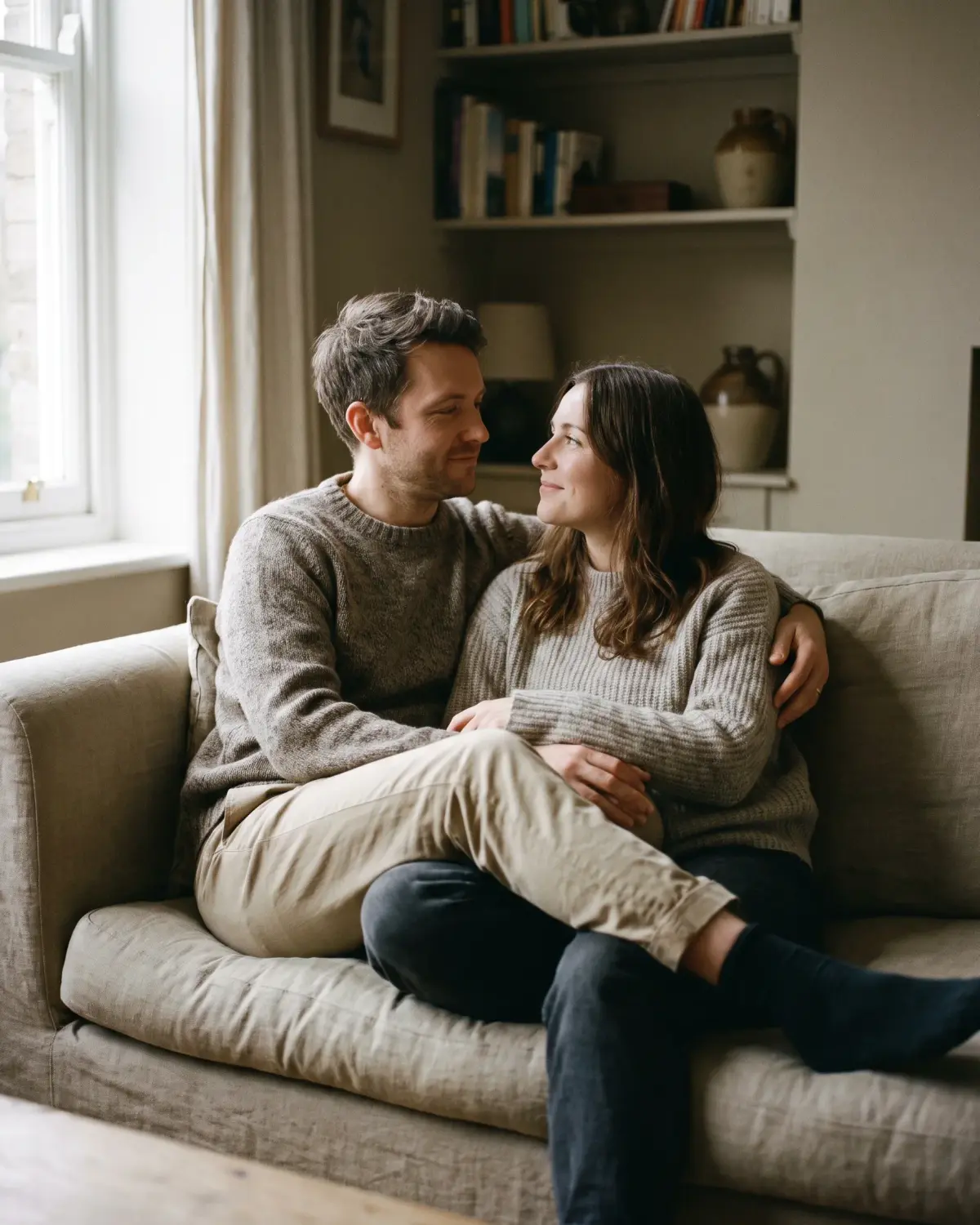 Un couple sur un canapé dans une pièce claire avec une bibliothèque